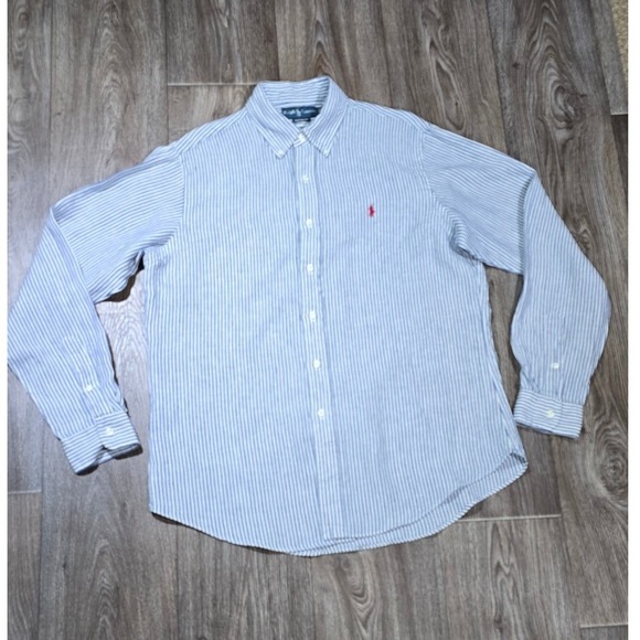 Ralph Lauren Custom Fit Linen Striped Long Sleeve Button-Down Shirt Size L - Picture 1 of 14
